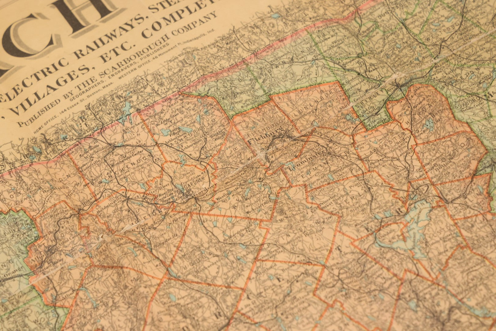 Lot 075 - Antique Scarborough's Topographic Map Of Massachusetts, Chromolithograph With Statistical Panels, Paper On Linen Backing, Scarborough Company, Boston, Massachusetts, 1903, 58" x 39-1/2"