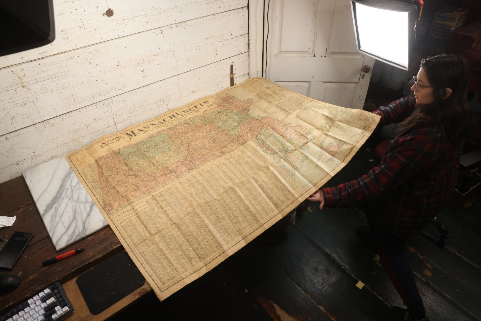 Lot 075 - Antique Scarborough's Topographic Map Of Massachusetts, Chromolithograph With Statistical Panels, Paper On Linen Backing, Scarborough Company, Boston, Massachusetts, 1903, 58" x 39-1/2"