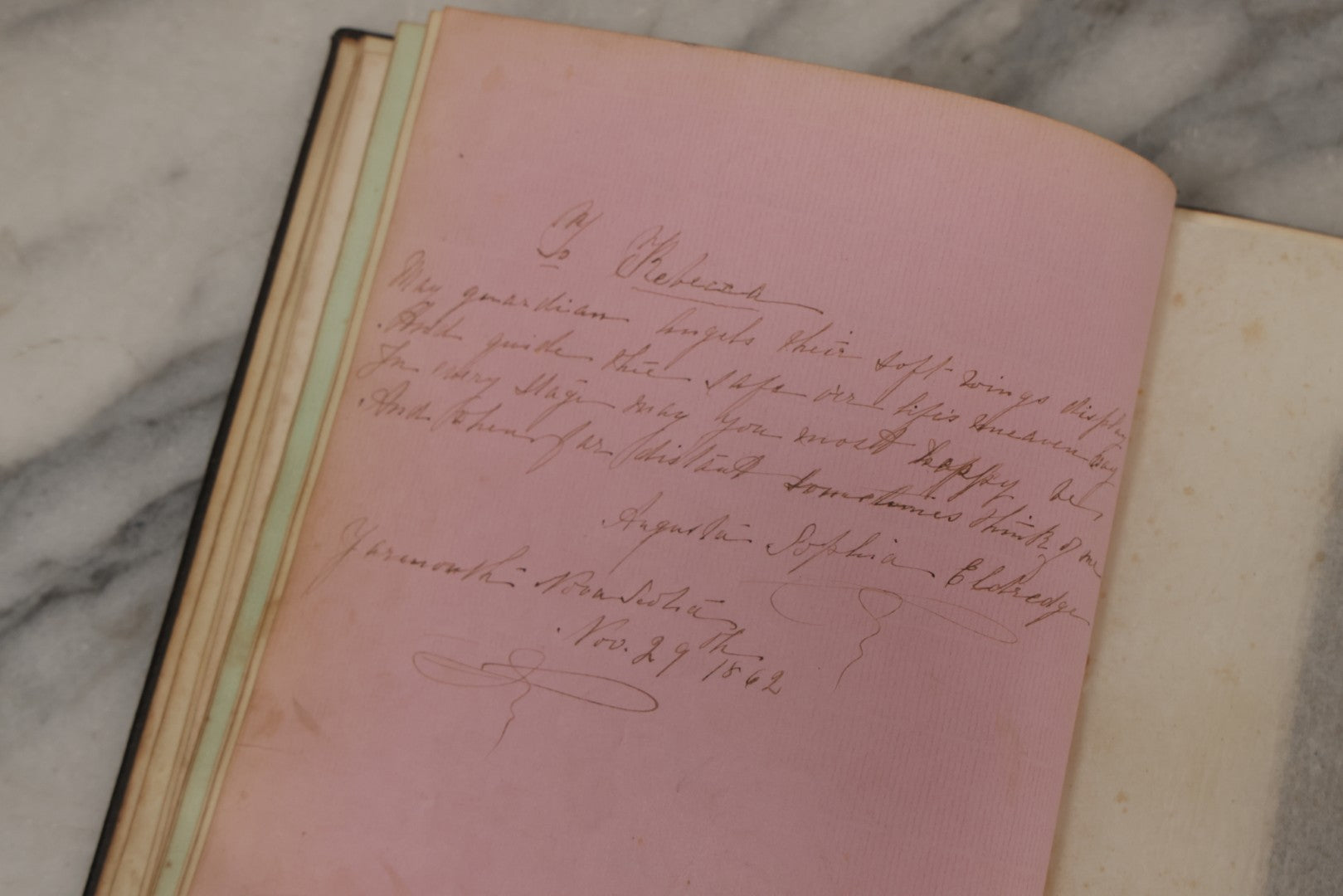 Lot 076 - Antique "An Echo Album" Autograph Book With 30+ Inscriptions, Published By Bradley, Dayton & Co., Boston, 1862, Belonging To Mrs. Henry Rebecca Trask, Circa 1880s