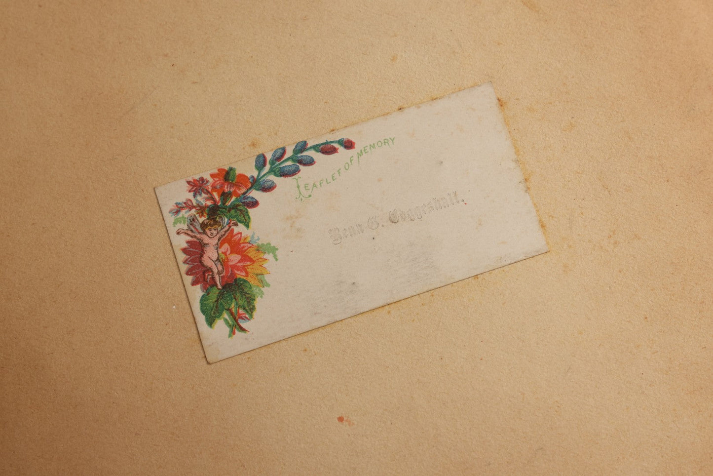 Lot 077 - Antique Red Scrapbook Album With Cat And Birdcage Illustration On Cover, 40+ Pasted Scraps, Victorian Trade Cards, Die Cuts, Loose Ephemera, Rena B. Coggeshalt Name Card, Circa 1875