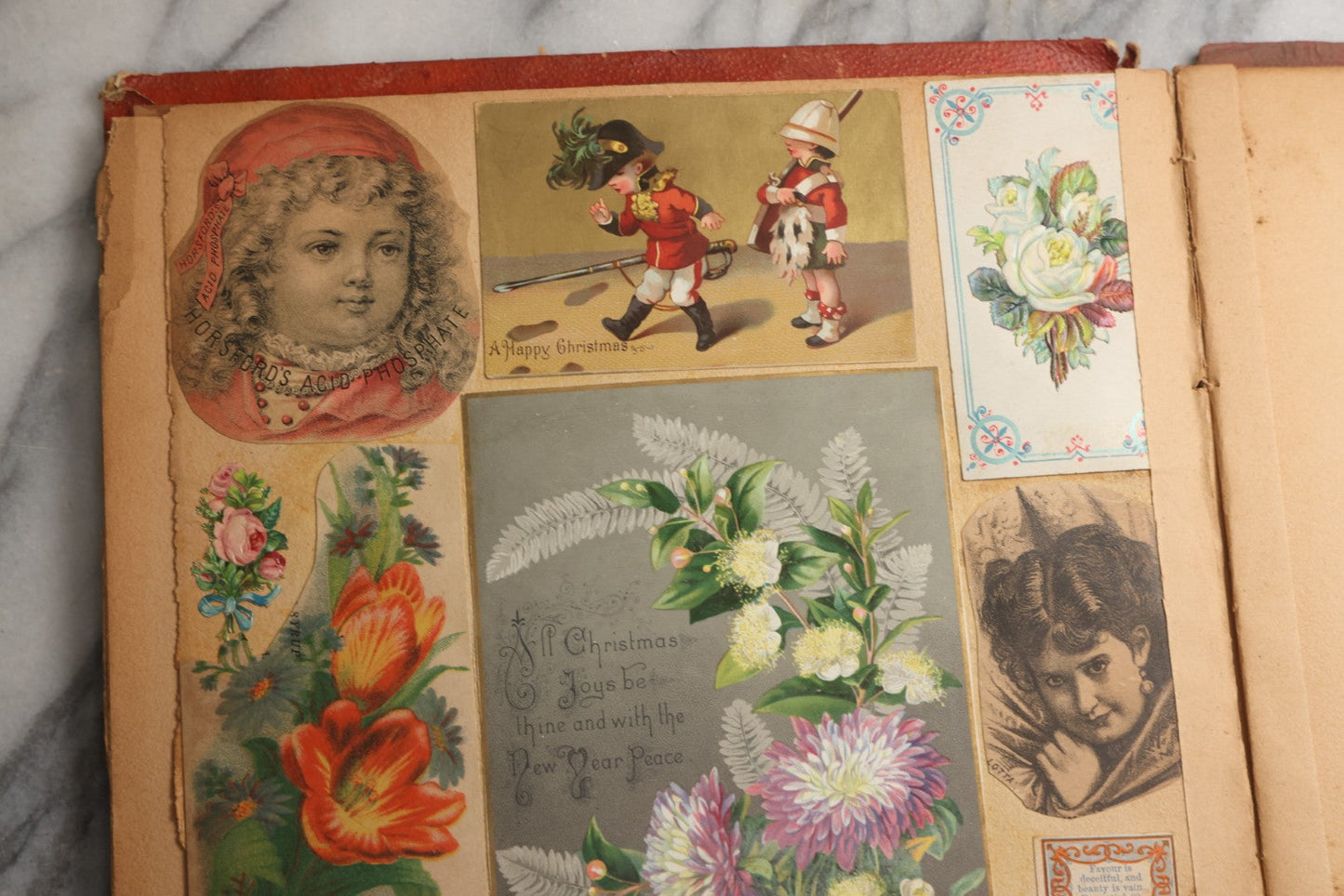 Lot 077 - Antique Red Scrapbook Album With Cat And Birdcage Illustration On Cover, 40+ Pasted Scraps, Victorian Trade Cards, Die Cuts, Loose Ephemera, Rena B. Coggeshalt Name Card, Circa 1875