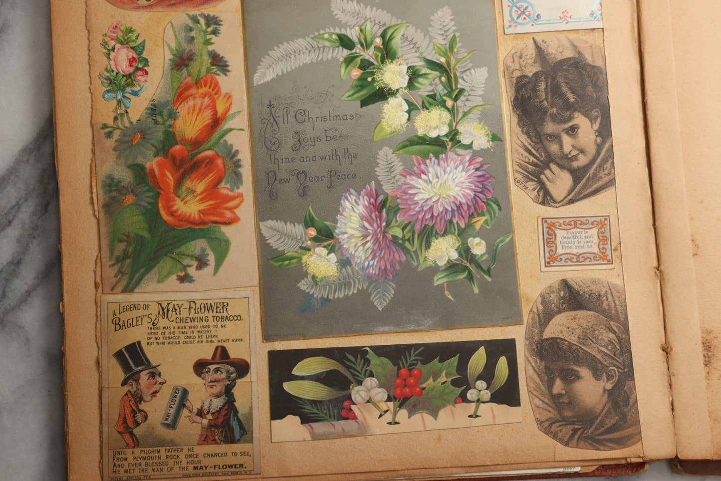 Lot 077 - Antique Red Scrapbook Album With Cat And Birdcage Illustration On Cover, 40+ Pasted Scraps, Victorian Trade Cards, Die Cuts, Loose Ephemera, Rena B. Coggeshalt Name Card, Circa 1875