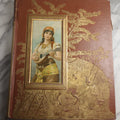 Lot 078 - Antique Scrapbook Album With Gold Embossed Deer In Forest And Pasted Gypsy Woman Chromolithograph On Cover, 150+ Victorian Trade Cards, Die Cuts, Children, Pets And Women's Fashion, Circa 1898