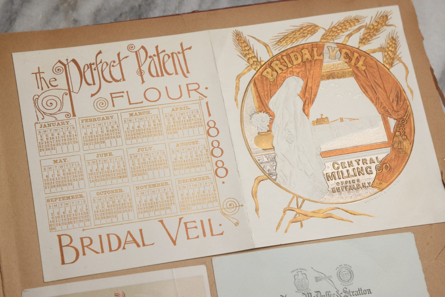 Lot 078 - Antique Scrapbook Album With Gold Embossed Deer In Forest And Pasted Gypsy Woman Chromolithograph On Cover, 150+ Victorian Trade Cards, Die Cuts, Children, Pets And Women's Fashion, Circa 1898