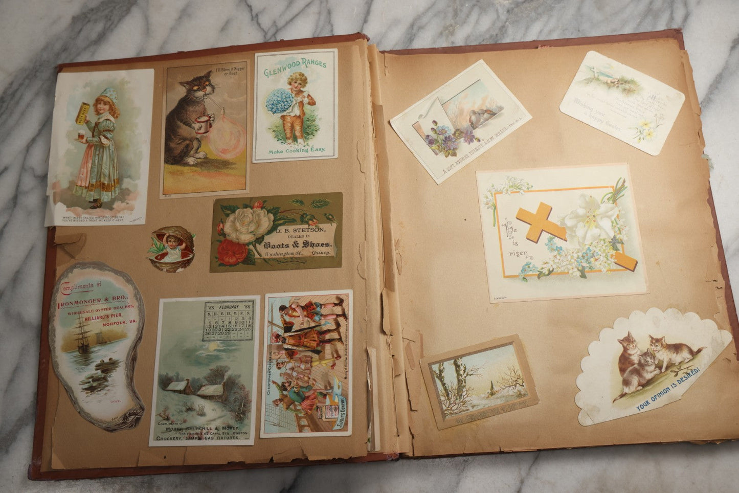 Lot 078 - Antique Scrapbook Album With Gold Embossed Deer In Forest And Pasted Gypsy Woman Chromolithograph On Cover, 150+ Victorian Trade Cards, Die Cuts, Children, Pets And Women's Fashion, Circa 1898