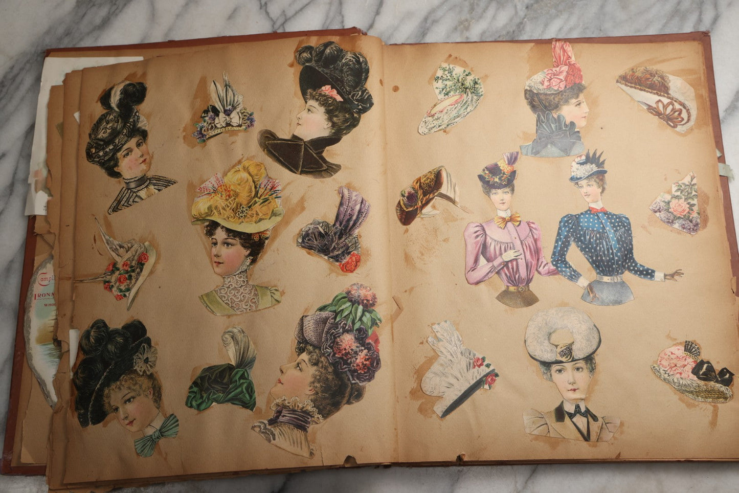 Lot 078 - Antique Scrapbook Album With Gold Embossed Deer In Forest And Pasted Gypsy Woman Chromolithograph On Cover, 150+ Victorian Trade Cards, Die Cuts, Children, Pets And Women's Fashion, Circa 1898