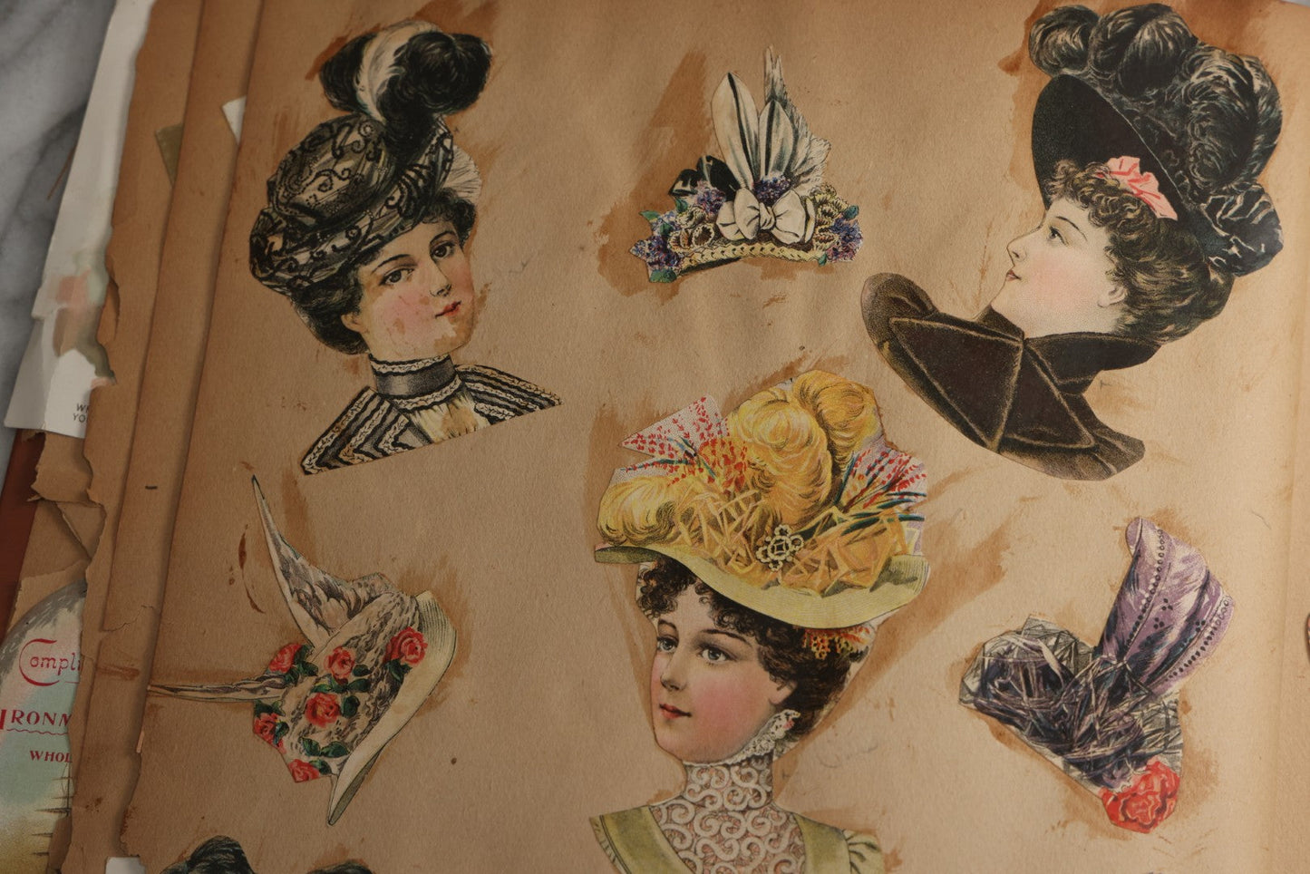 Lot 078 - Antique Scrapbook Album With Gold Embossed Deer In Forest And Pasted Gypsy Woman Chromolithograph On Cover, 150+ Victorian Trade Cards, Die Cuts, Children, Pets And Women's Fashion, Circa 1898