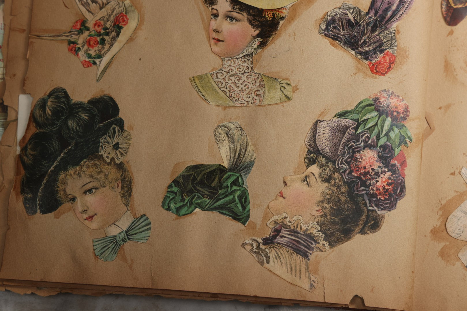 Lot 078 - Antique Scrapbook Album With Gold Embossed Deer In Forest And Pasted Gypsy Woman Chromolithograph On Cover, 150+ Victorian Trade Cards, Die Cuts, Children, Pets And Women's Fashion, Circa 1898