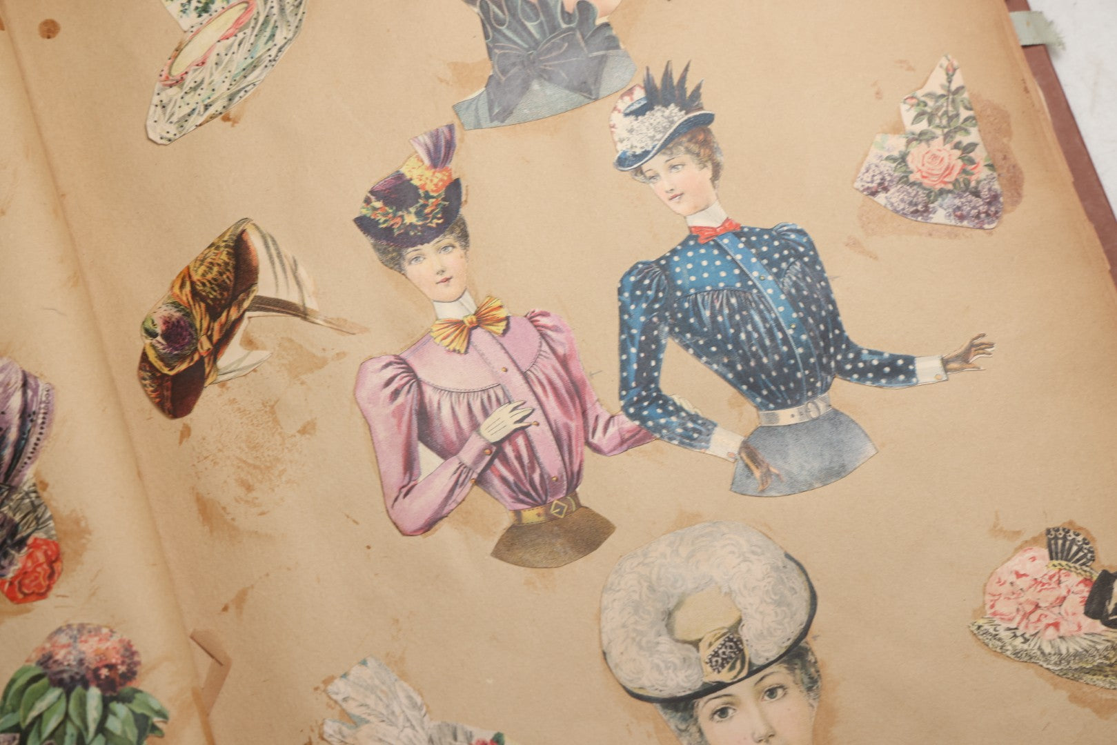 Lot 078 - Antique Scrapbook Album With Gold Embossed Deer In Forest And Pasted Gypsy Woman Chromolithograph On Cover, 150+ Victorian Trade Cards, Die Cuts, Children, Pets And Women's Fashion, Circa 1898