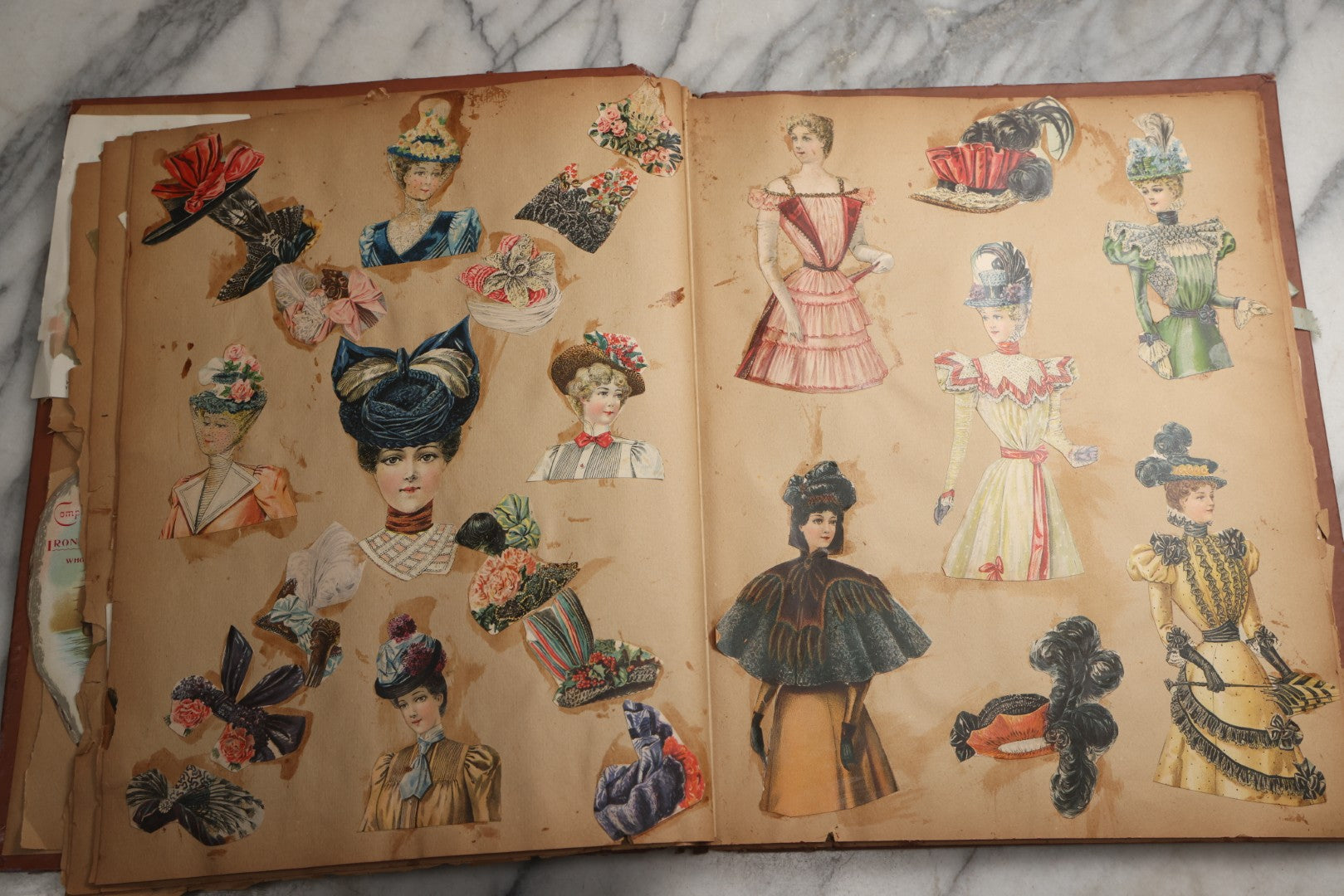 Lot 078 - Antique Scrapbook Album With Gold Embossed Deer In Forest And Pasted Gypsy Woman Chromolithograph On Cover, 150+ Victorian Trade Cards, Die Cuts, Children, Pets And Women's Fashion, Circa 1898