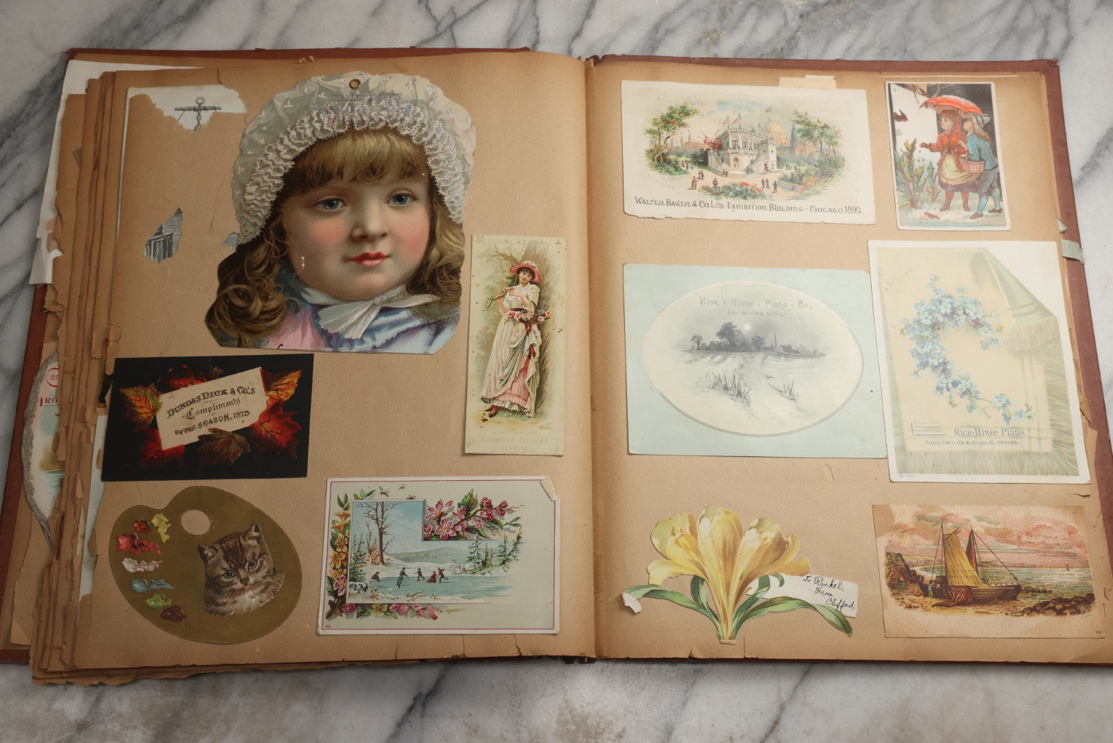 Lot 078 - Antique Scrapbook Album With Gold Embossed Deer In Forest And Pasted Gypsy Woman Chromolithograph On Cover, 150+ Victorian Trade Cards, Die Cuts, Children, Pets And Women's Fashion, Circa 1898