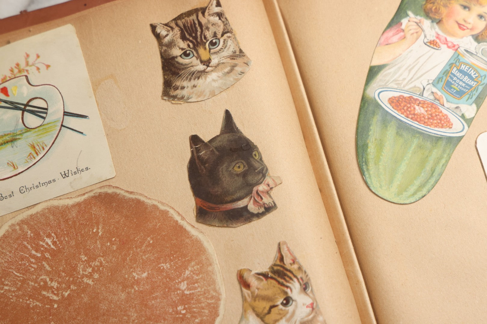 Lot 078 - Antique Scrapbook Album With Gold Embossed Deer In Forest And Pasted Gypsy Woman Chromolithograph On Cover, 150+ Victorian Trade Cards, Die Cuts, Children, Pets And Women's Fashion, Circa 1898