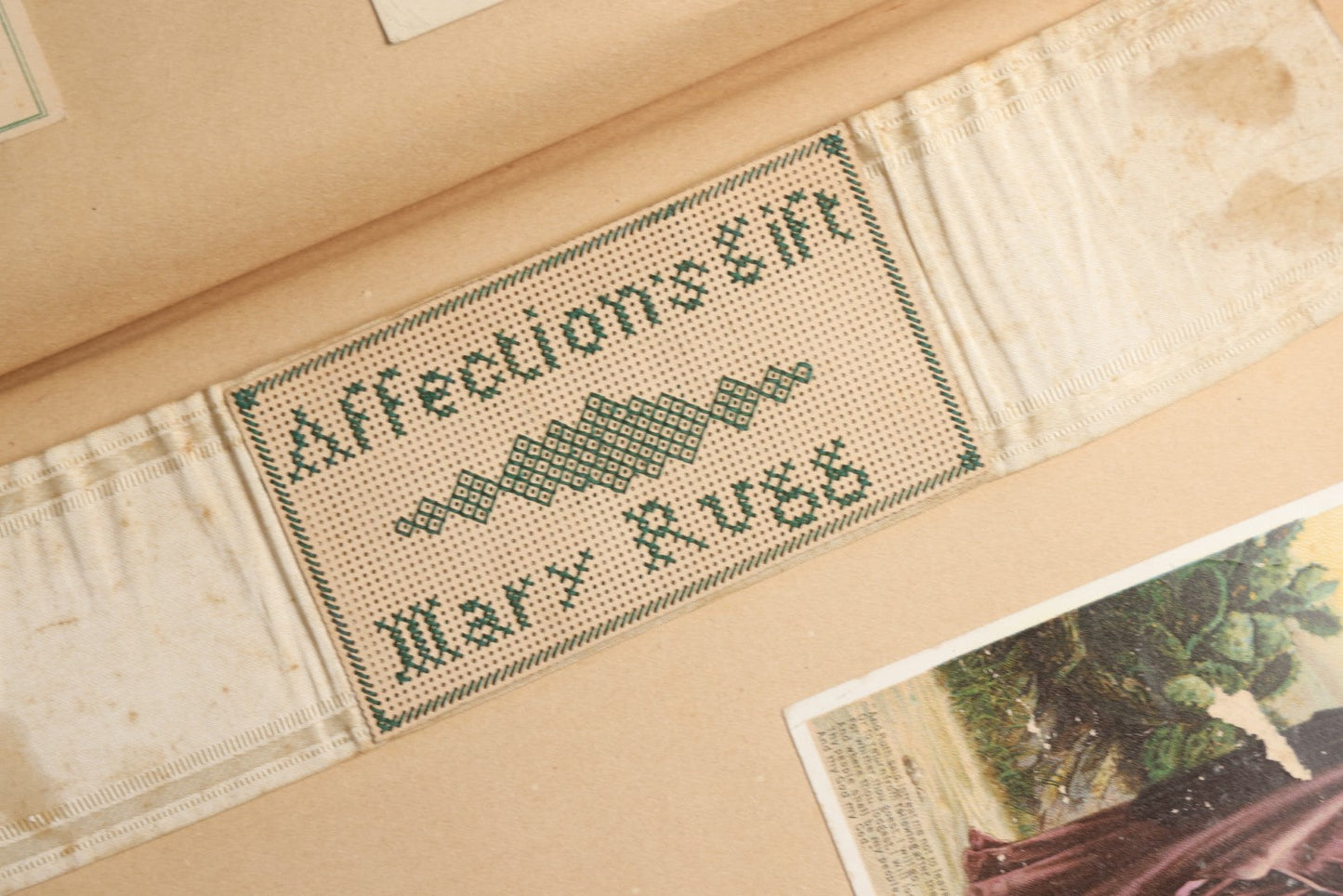 Lot 078 - Antique Scrapbook Album With Gold Embossed Deer In Forest And Pasted Gypsy Woman Chromolithograph On Cover, 150+ Victorian Trade Cards, Die Cuts, Children, Pets And Women's Fashion, Circa 1898