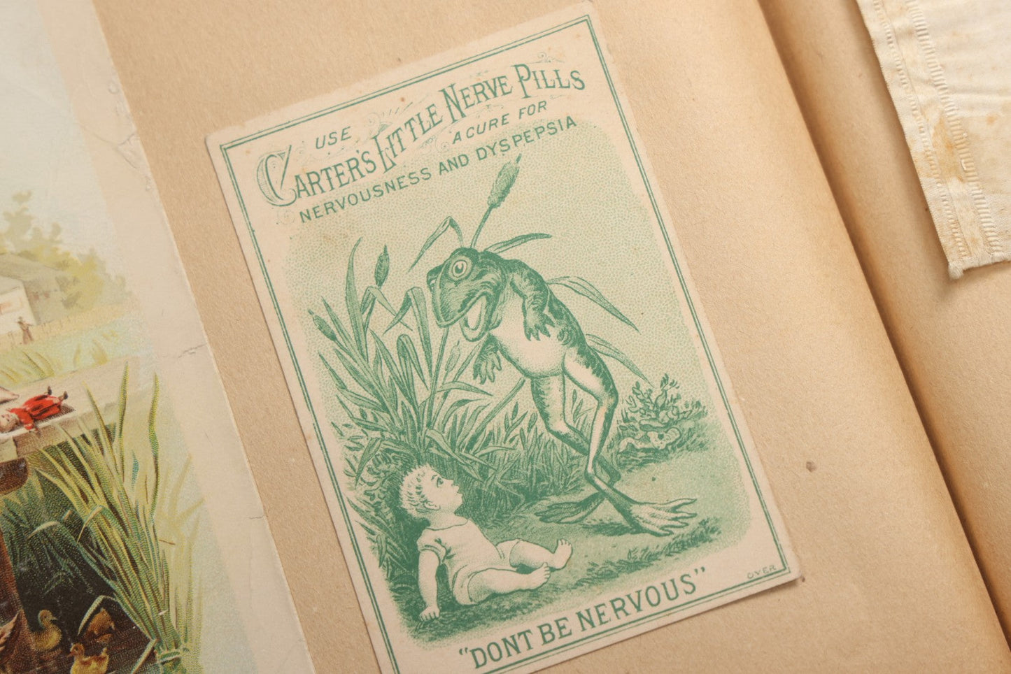 Lot 078 - Antique Scrapbook Album With Gold Embossed Deer In Forest And Pasted Gypsy Woman Chromolithograph On Cover, 150+ Victorian Trade Cards, Die Cuts, Children, Pets And Women's Fashion, Circa 1898