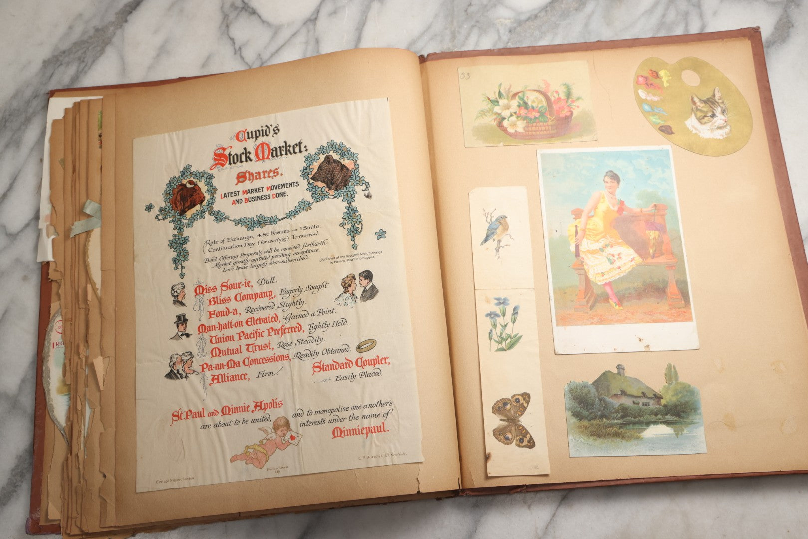 Lot 078 - Antique Scrapbook Album With Gold Embossed Deer In Forest And Pasted Gypsy Woman Chromolithograph On Cover, 150+ Victorian Trade Cards, Die Cuts, Children, Pets And Women's Fashion, Circa 1898