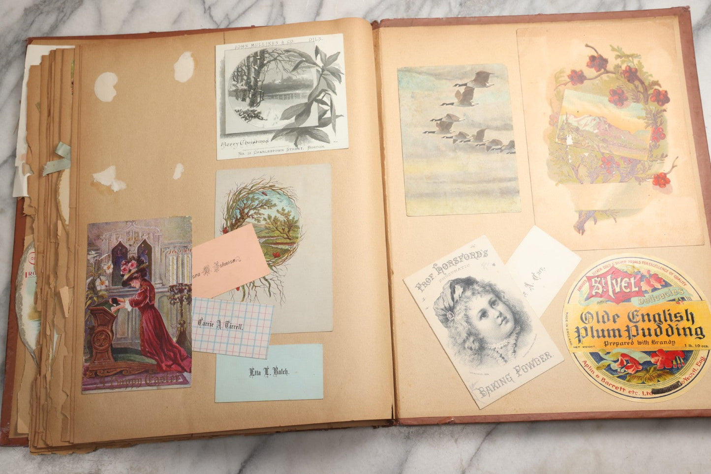 Lot 078 - Antique Scrapbook Album With Gold Embossed Deer In Forest And Pasted Gypsy Woman Chromolithograph On Cover, 150+ Victorian Trade Cards, Die Cuts, Children, Pets And Women's Fashion, Circa 1898