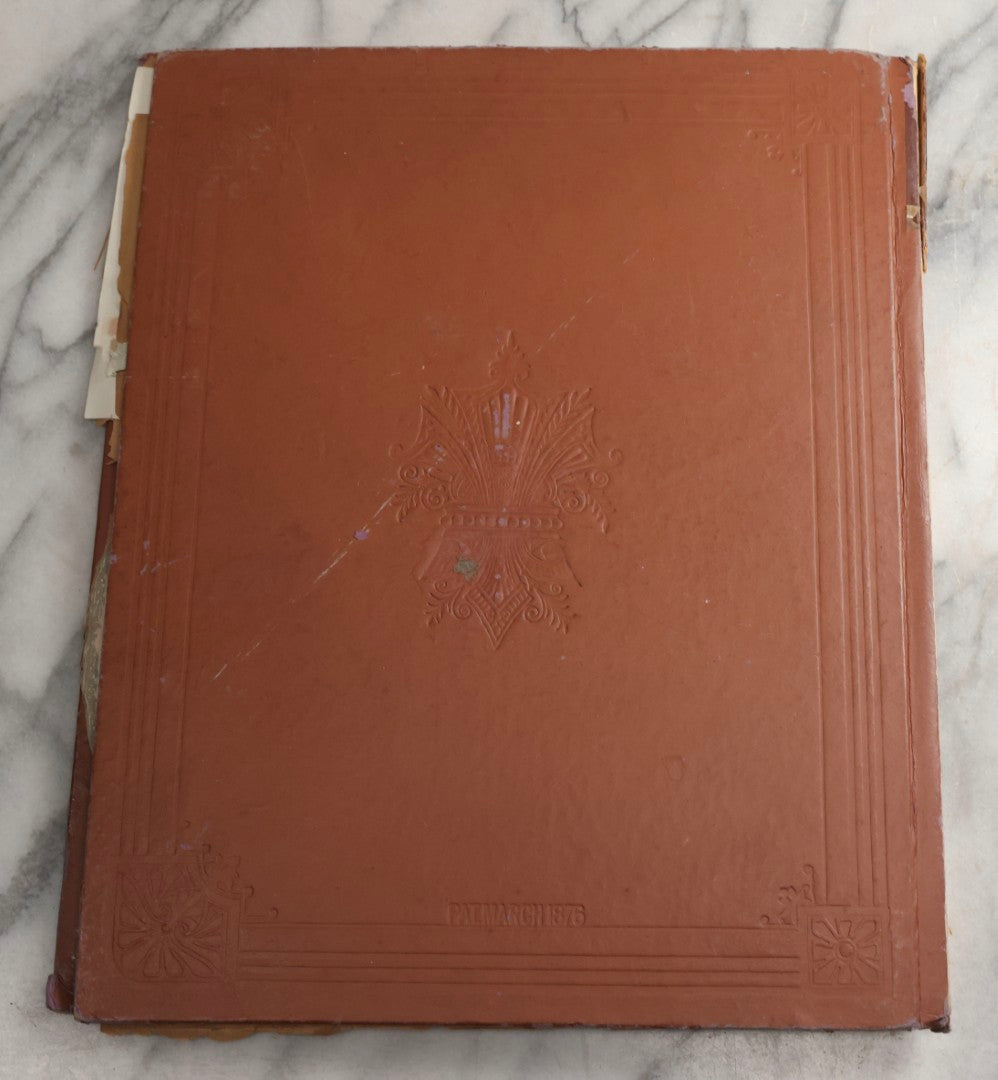 Lot 078 - Antique Scrapbook Album With Gold Embossed Deer In Forest And Pasted Gypsy Woman Chromolithograph On Cover, 150+ Victorian Trade Cards, Die Cuts, Children, Pets And Women's Fashion, Circa 1898