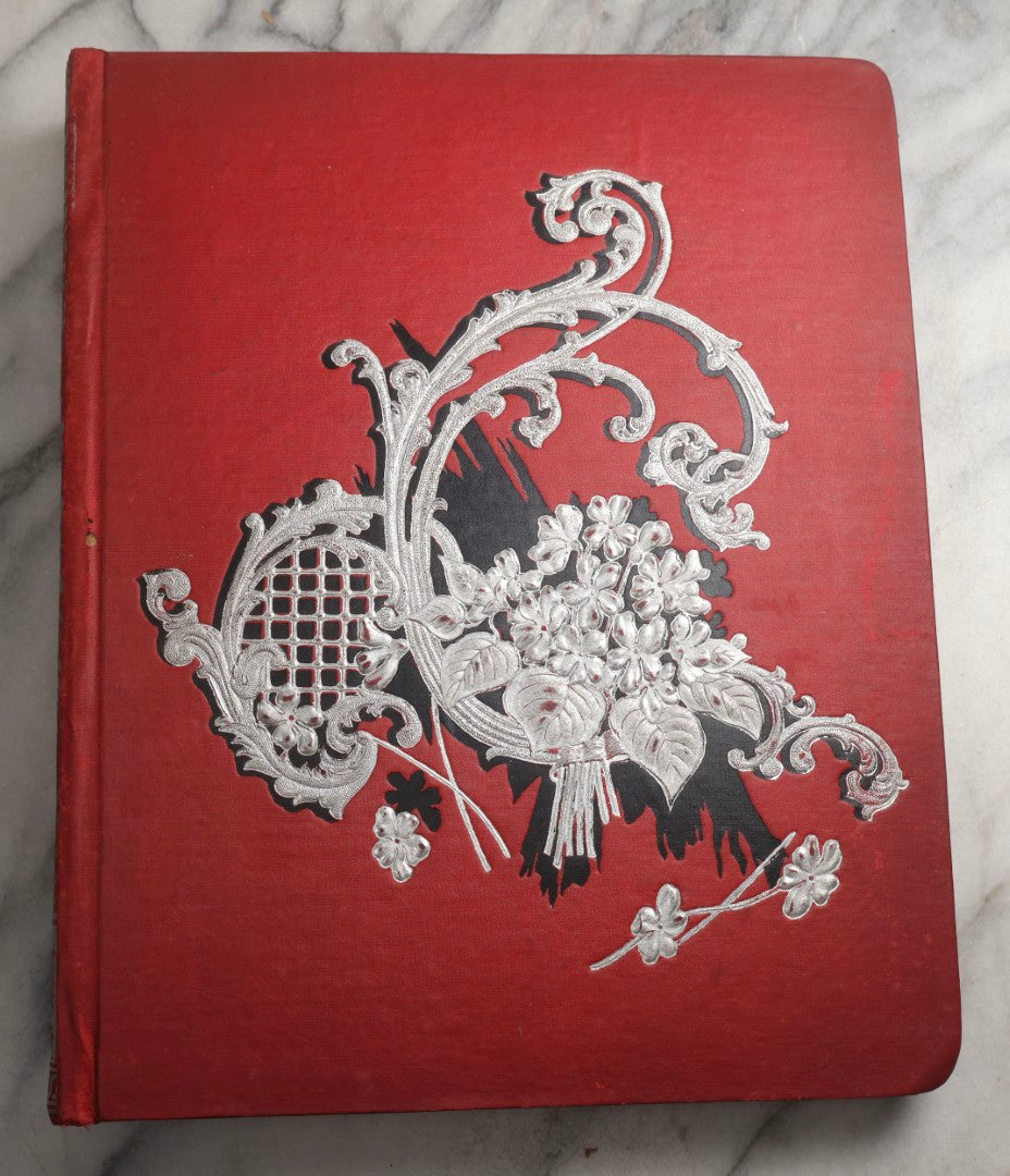 Lot 079 - Antique Red Scrapbook Album With Silver Painted Embossed Decorations, Hamburg, Stockholm, Paris, England, Stratford-On-Avon, Scotland, Liverpool Ephemera, Two Full Spreads Homemade Herbarium, Circa 1896
