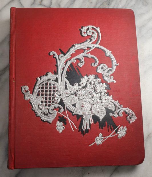 Lot 079 - Antique Red Scrapbook Album With Silver Painted Embossed Decorations, Hamburg, Stockholm, Paris, England, Stratford-On-Avon, Scotland, Liverpool Ephemera, Two Full Spreads Homemade Herbarium, Circa 1896