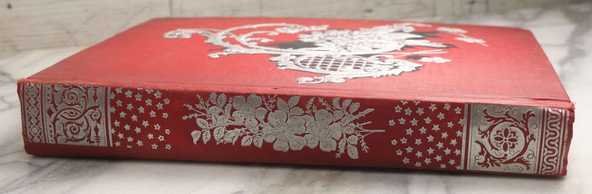 Lot 079 - Antique Red Scrapbook Album With Silver Painted Embossed Decorations, Hamburg, Stockholm, Paris, England, Stratford-On-Avon, Scotland, Liverpool Ephemera, Two Full Spreads Homemade Herbarium, Circa 1896