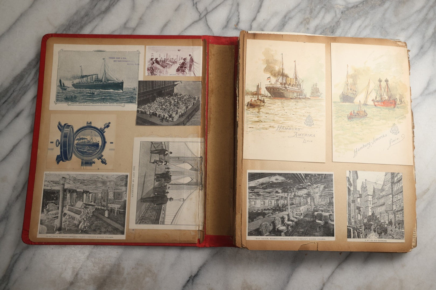 Lot 079 - Antique Red Scrapbook Album With Silver Painted Embossed Decorations, Hamburg, Stockholm, Paris, England, Stratford-On-Avon, Scotland, Liverpool Ephemera, Two Full Spreads Homemade Herbarium, Circa 1896