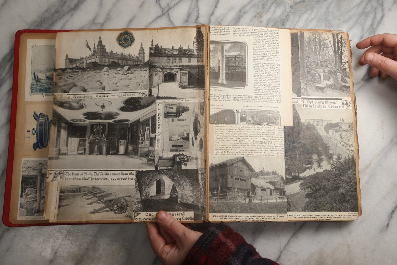 Lot 079 - Antique Red Scrapbook Album With Silver Painted Embossed Decorations, Hamburg, Stockholm, Paris, England, Stratford-On-Avon, Scotland, Liverpool Ephemera, Two Full Spreads Homemade Herbarium, Circa 1896