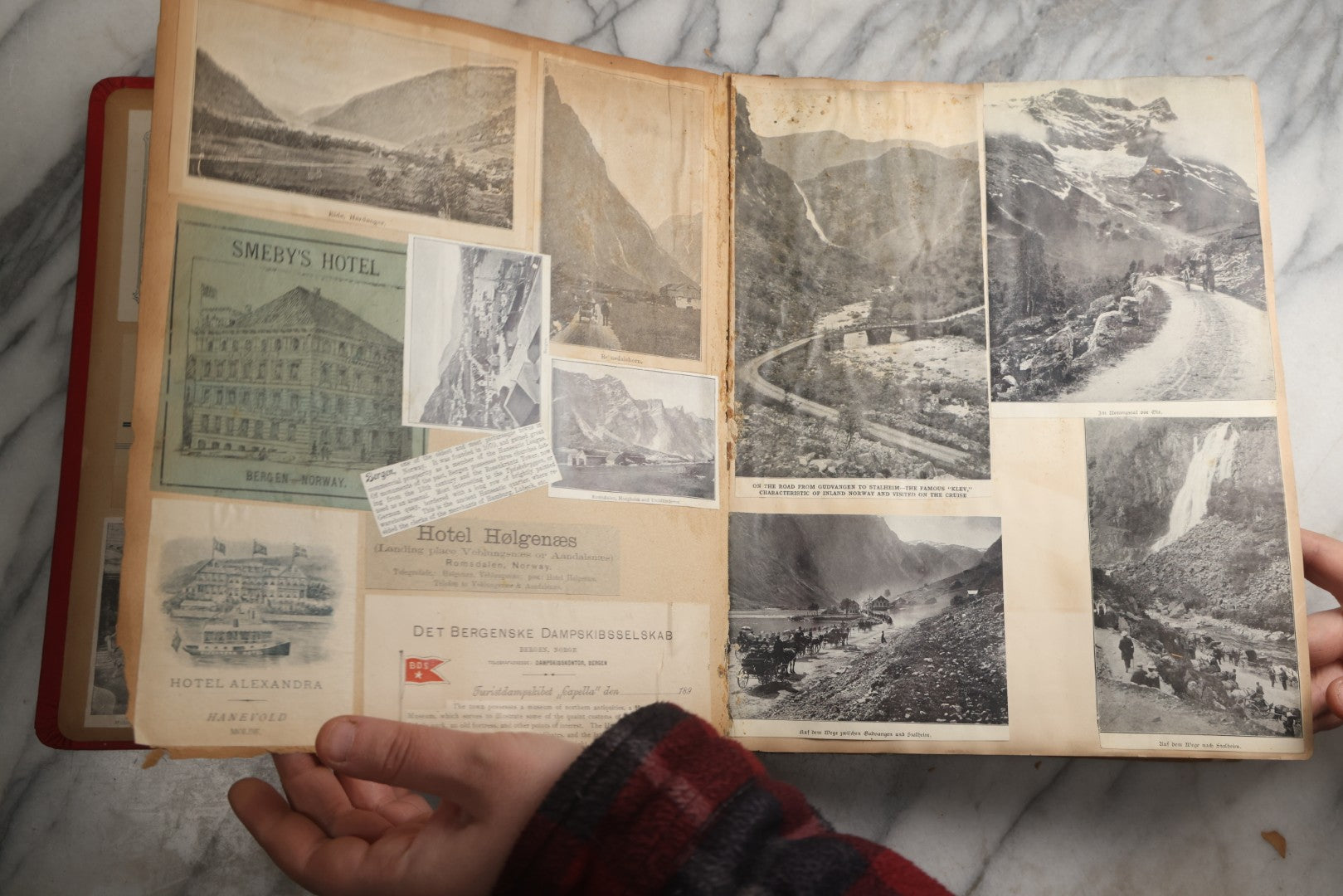 Lot 079 - Antique Red Scrapbook Album With Silver Painted Embossed Decorations, Hamburg, Stockholm, Paris, England, Stratford-On-Avon, Scotland, Liverpool Ephemera, Two Full Spreads Homemade Herbarium, Circa 1896