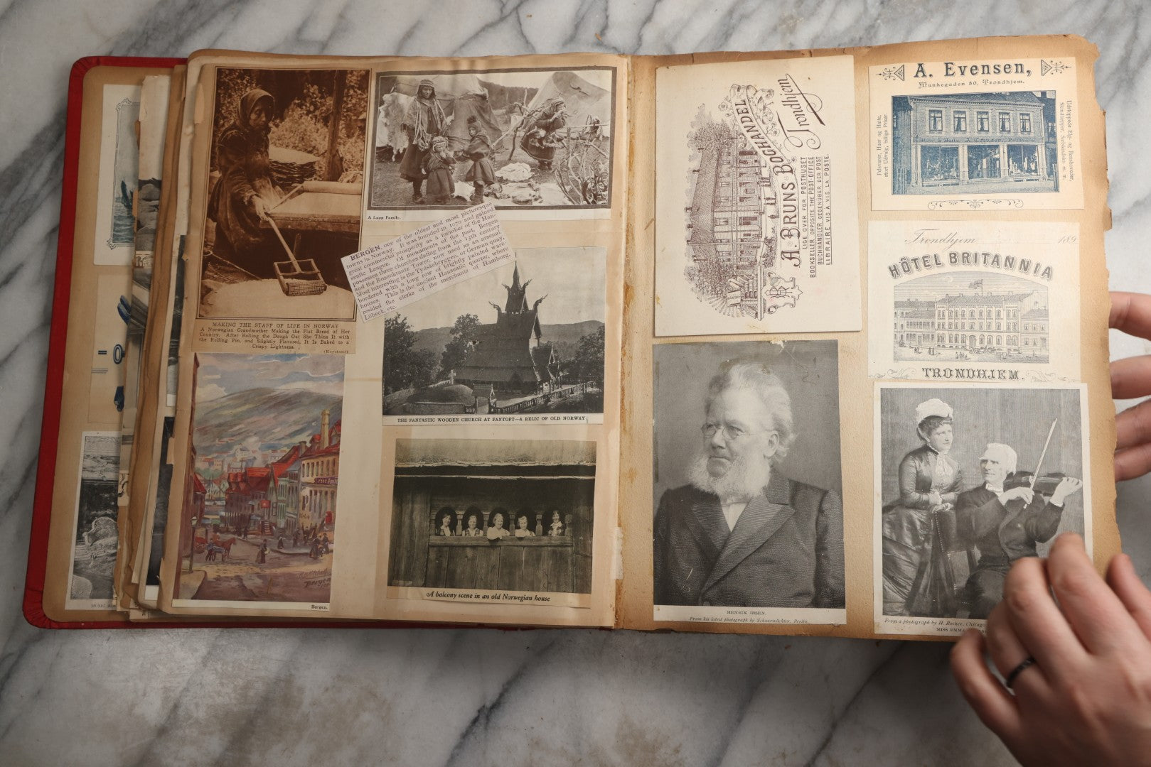 Lot 079 - Antique Red Scrapbook Album With Silver Painted Embossed Decorations, Hamburg, Stockholm, Paris, England, Stratford-On-Avon, Scotland, Liverpool Ephemera, Two Full Spreads Homemade Herbarium, Circa 1896