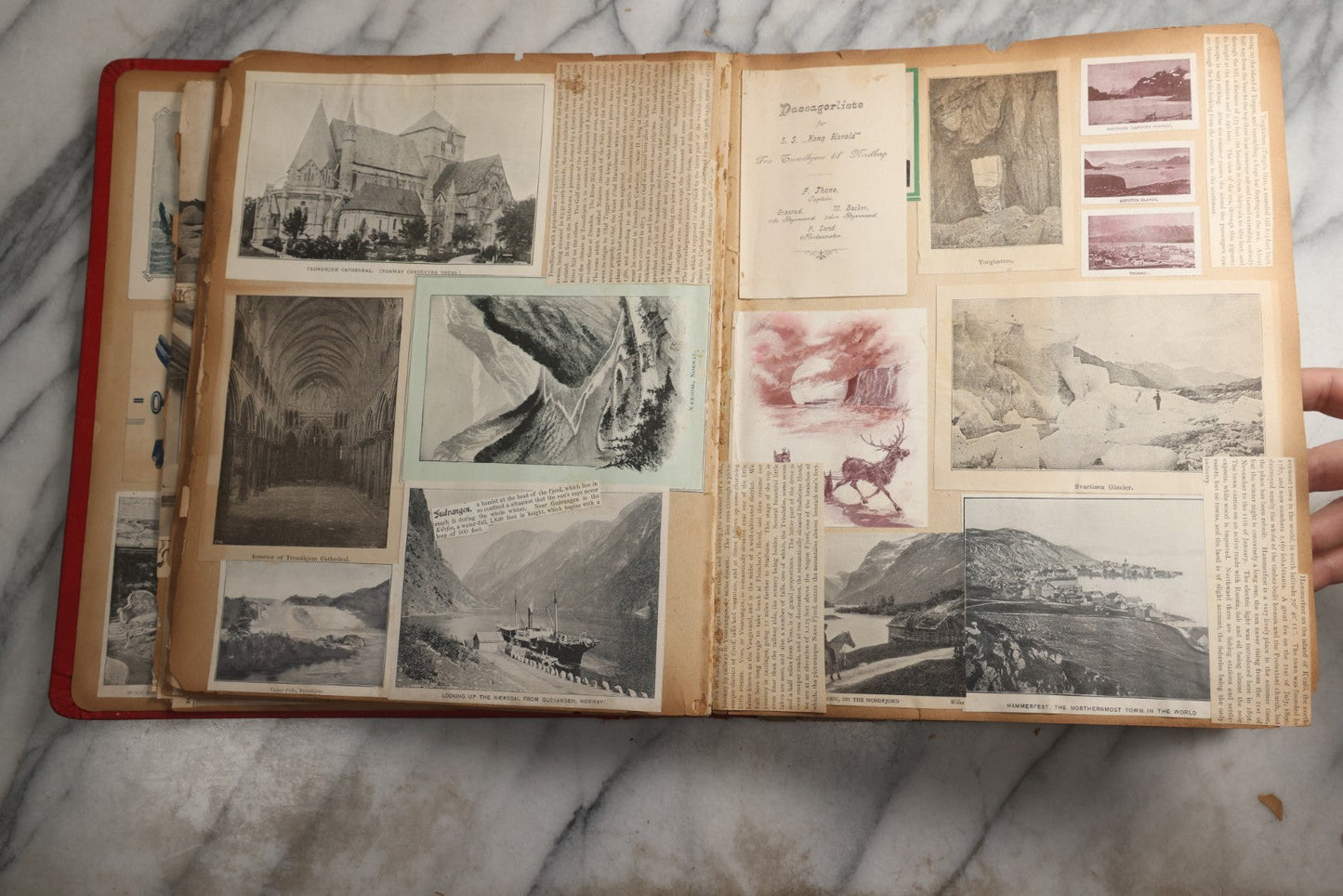 Lot 079 - Antique Red Scrapbook Album With Silver Painted Embossed Decorations, Hamburg, Stockholm, Paris, England, Stratford-On-Avon, Scotland, Liverpool Ephemera, Two Full Spreads Homemade Herbarium, Circa 1896