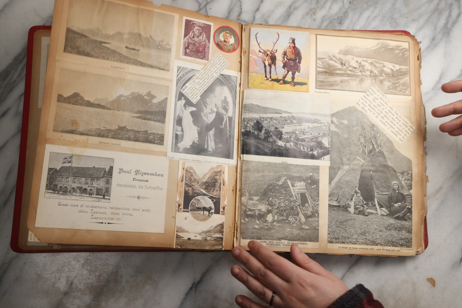 Lot 079 - Antique Red Scrapbook Album With Silver Painted Embossed Decorations, Hamburg, Stockholm, Paris, England, Stratford-On-Avon, Scotland, Liverpool Ephemera, Two Full Spreads Homemade Herbarium, Circa 1896