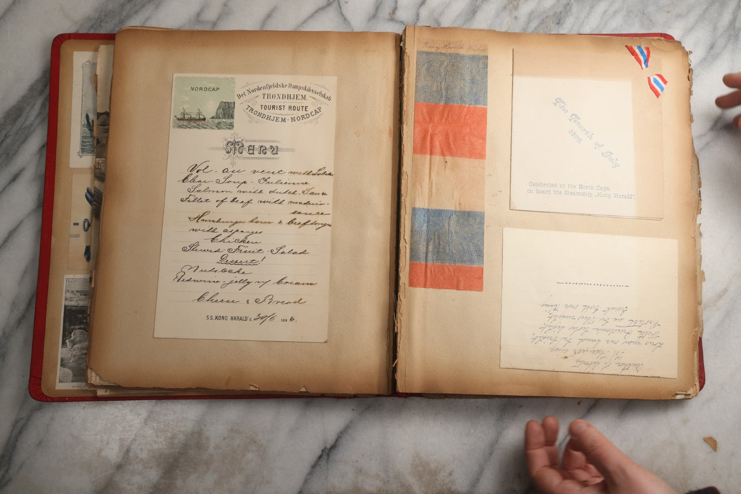 Lot 079 - Antique Red Scrapbook Album With Silver Painted Embossed Decorations, Hamburg, Stockholm, Paris, England, Stratford-On-Avon, Scotland, Liverpool Ephemera, Two Full Spreads Homemade Herbarium, Circa 1896