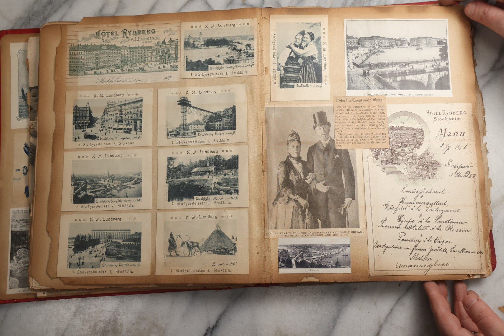 Lot 079 - Antique Red Scrapbook Album With Silver Painted Embossed Decorations, Hamburg, Stockholm, Paris, England, Stratford-On-Avon, Scotland, Liverpool Ephemera, Two Full Spreads Homemade Herbarium, Circa 1896