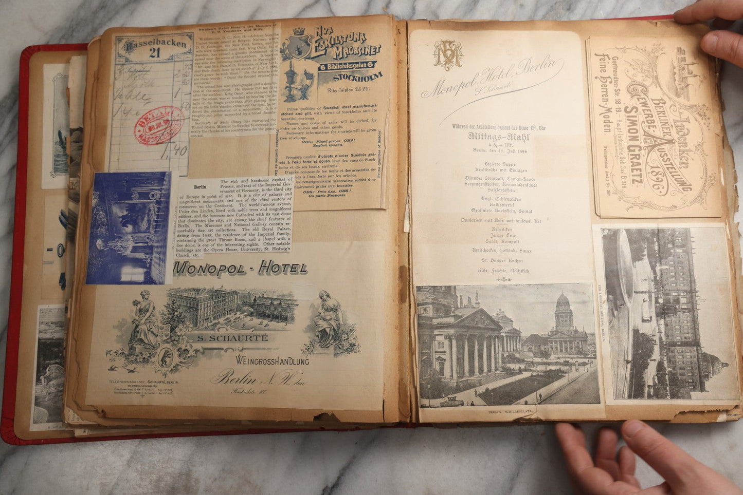 Lot 079 - Antique Red Scrapbook Album With Silver Painted Embossed Decorations, Hamburg, Stockholm, Paris, England, Stratford-On-Avon, Scotland, Liverpool Ephemera, Two Full Spreads Homemade Herbarium, Circa 1896