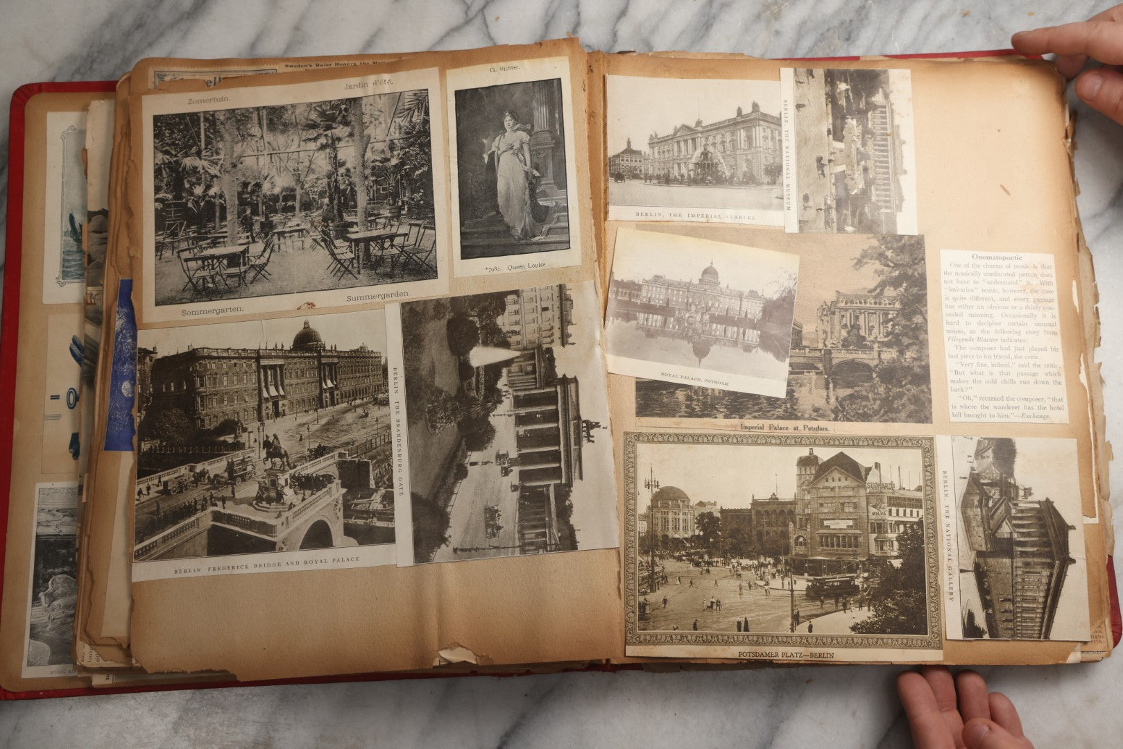 Lot 079 - Antique Red Scrapbook Album With Silver Painted Embossed Decorations, Hamburg, Stockholm, Paris, England, Stratford-On-Avon, Scotland, Liverpool Ephemera, Two Full Spreads Homemade Herbarium, Circa 1896