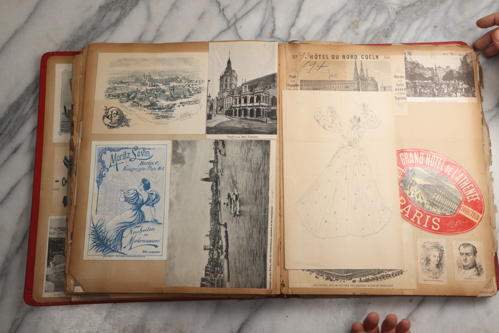 Lot 079 - Antique Red Scrapbook Album With Silver Painted Embossed Decorations, Hamburg, Stockholm, Paris, England, Stratford-On-Avon, Scotland, Liverpool Ephemera, Two Full Spreads Homemade Herbarium, Circa 1896
