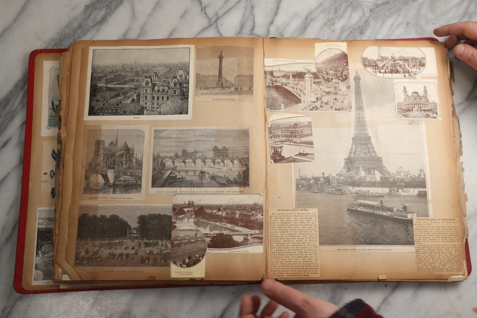 Lot 079 - Antique Red Scrapbook Album With Silver Painted Embossed Decorations, Hamburg, Stockholm, Paris, England, Stratford-On-Avon, Scotland, Liverpool Ephemera, Two Full Spreads Homemade Herbarium, Circa 1896