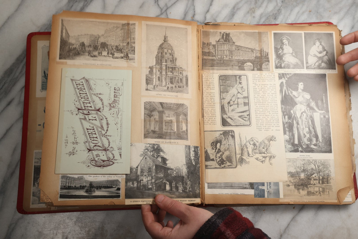 Lot 079 - Antique Red Scrapbook Album With Silver Painted Embossed Decorations, Hamburg, Stockholm, Paris, England, Stratford-On-Avon, Scotland, Liverpool Ephemera, Two Full Spreads Homemade Herbarium, Circa 1896