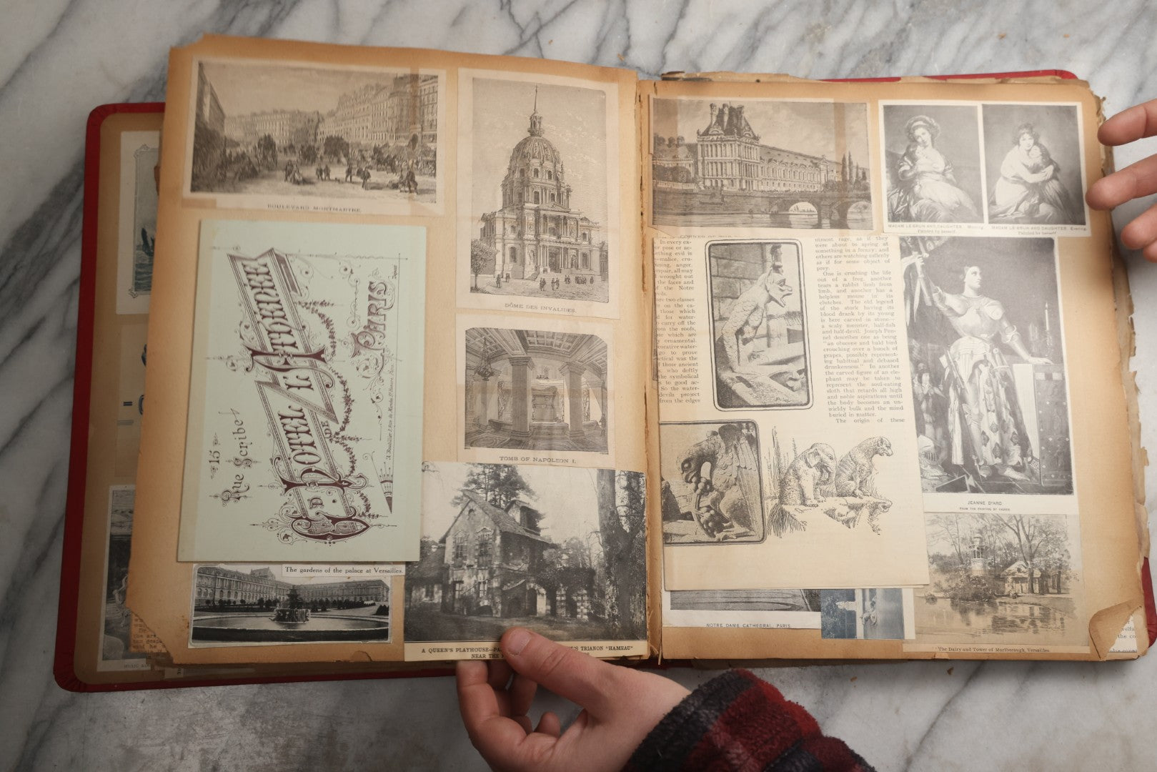 Lot 079 - Antique Red Scrapbook Album With Silver Painted Embossed Decorations, Hamburg, Stockholm, Paris, England, Stratford-On-Avon, Scotland, Liverpool Ephemera, Two Full Spreads Homemade Herbarium, Circa 1896