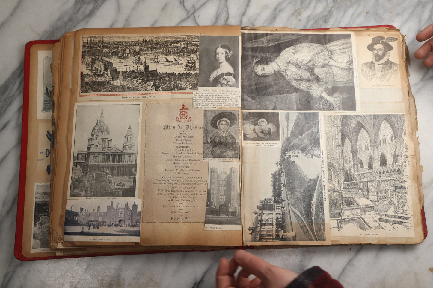 Lot 079 - Antique Red Scrapbook Album With Silver Painted Embossed Decorations, Hamburg, Stockholm, Paris, England, Stratford-On-Avon, Scotland, Liverpool Ephemera, Two Full Spreads Homemade Herbarium, Circa 1896