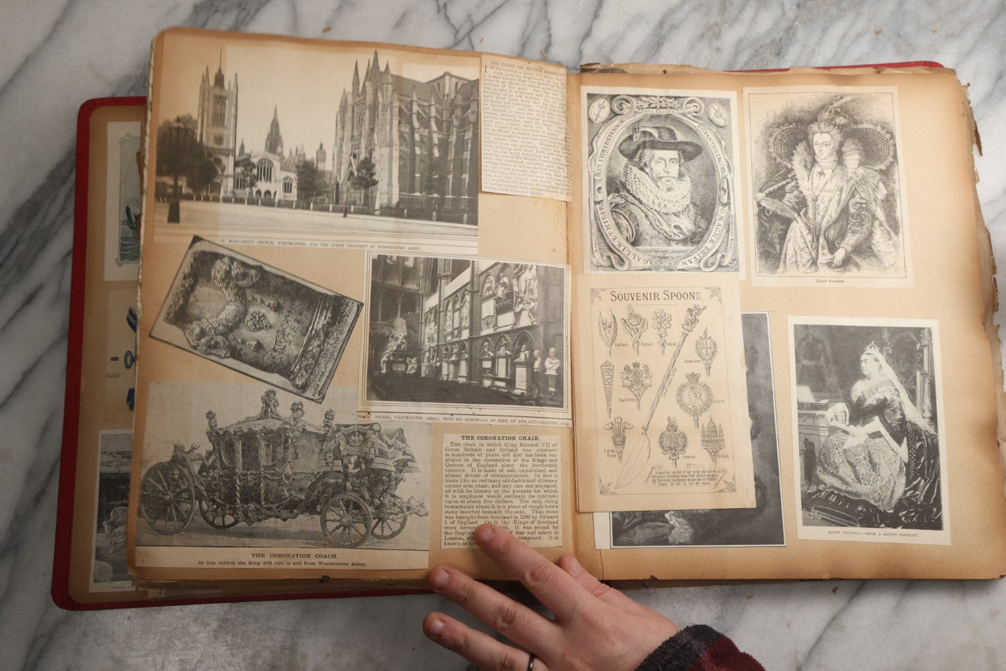 Lot 079 - Antique Red Scrapbook Album With Silver Painted Embossed Decorations, Hamburg, Stockholm, Paris, England, Stratford-On-Avon, Scotland, Liverpool Ephemera, Two Full Spreads Homemade Herbarium, Circa 1896