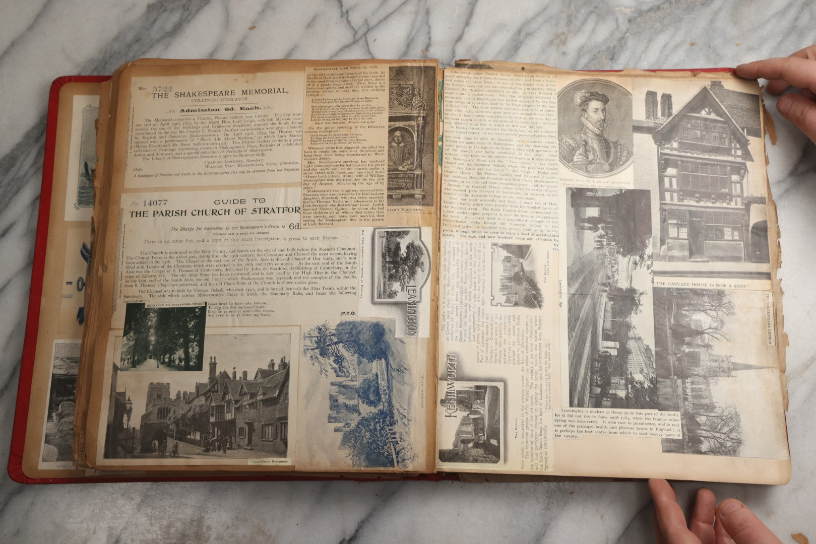 Lot 079 - Antique Red Scrapbook Album With Silver Painted Embossed Decorations, Hamburg, Stockholm, Paris, England, Stratford-On-Avon, Scotland, Liverpool Ephemera, Two Full Spreads Homemade Herbarium, Circa 1896