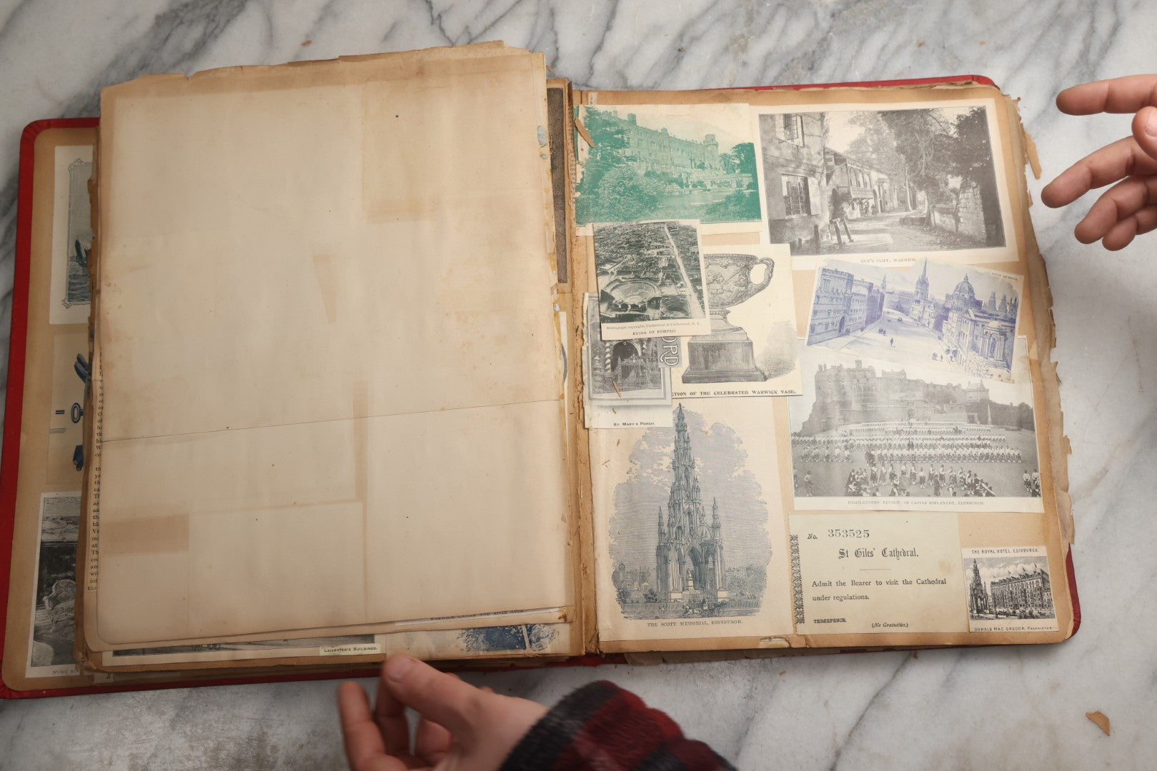 Lot 079 - Antique Red Scrapbook Album With Silver Painted Embossed Decorations, Hamburg, Stockholm, Paris, England, Stratford-On-Avon, Scotland, Liverpool Ephemera, Two Full Spreads Homemade Herbarium, Circa 1896