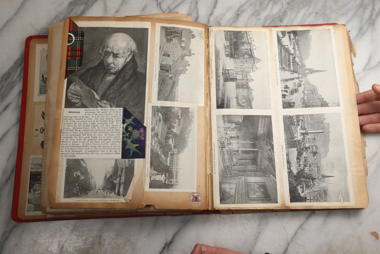 Lot 079 - Antique Red Scrapbook Album With Silver Painted Embossed Decorations, Hamburg, Stockholm, Paris, England, Stratford-On-Avon, Scotland, Liverpool Ephemera, Two Full Spreads Homemade Herbarium, Circa 1896