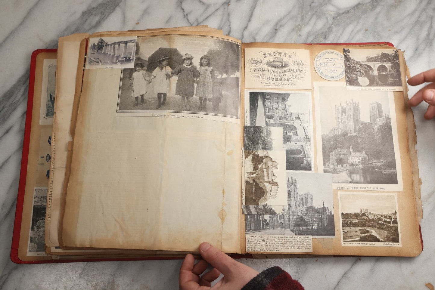 Lot 079 - Antique Red Scrapbook Album With Silver Painted Embossed Decorations, Hamburg, Stockholm, Paris, England, Stratford-On-Avon, Scotland, Liverpool Ephemera, Two Full Spreads Homemade Herbarium, Circa 1896