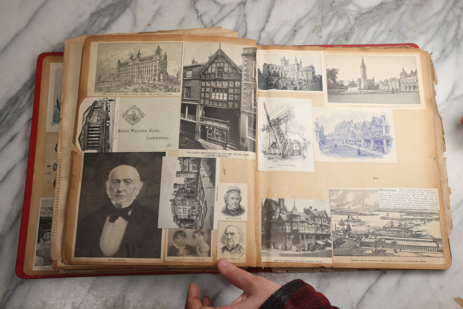 Lot 079 - Antique Red Scrapbook Album With Silver Painted Embossed Decorations, Hamburg, Stockholm, Paris, England, Stratford-On-Avon, Scotland, Liverpool Ephemera, Two Full Spreads Homemade Herbarium, Circa 1896