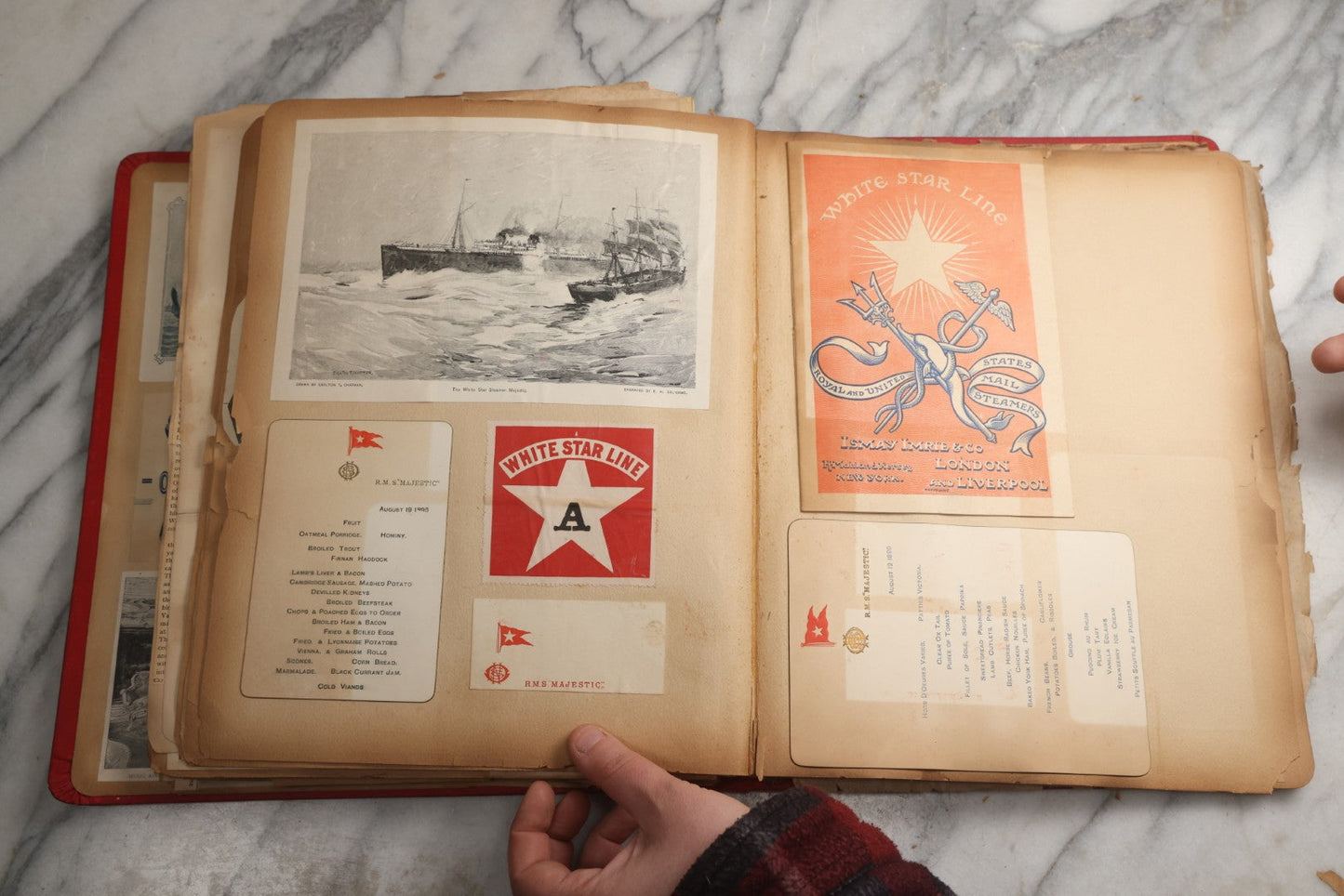 Lot 079 - Antique Red Scrapbook Album With Silver Painted Embossed Decorations, Hamburg, Stockholm, Paris, England, Stratford-On-Avon, Scotland, Liverpool Ephemera, Two Full Spreads Homemade Herbarium, Circa 1896