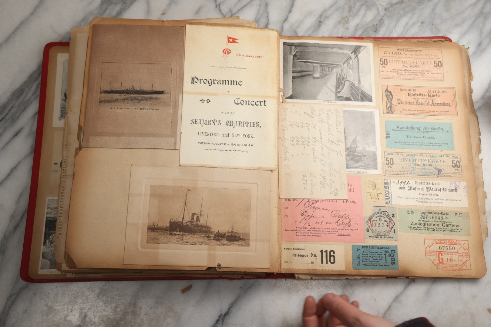 Lot 079 - Antique Red Scrapbook Album With Silver Painted Embossed Decorations, Hamburg, Stockholm, Paris, England, Stratford-On-Avon, Scotland, Liverpool Ephemera, Two Full Spreads Homemade Herbarium, Circa 1896