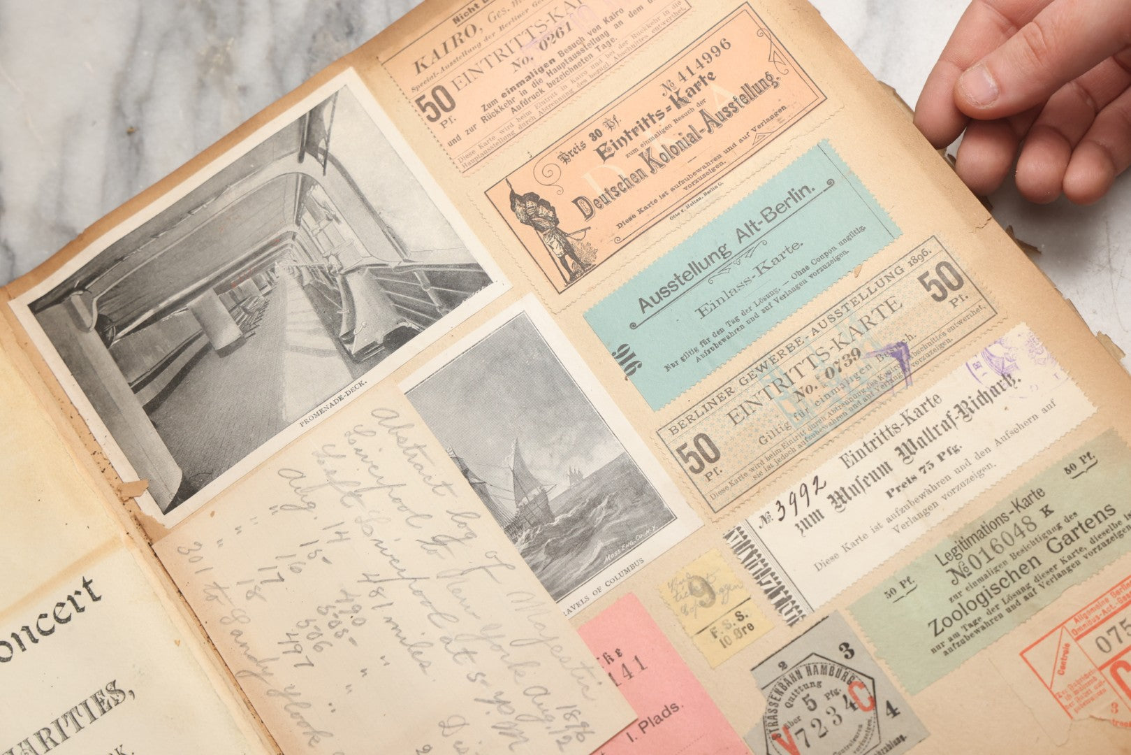 Lot 079 - Antique Red Scrapbook Album With Silver Painted Embossed Decorations, Hamburg, Stockholm, Paris, England, Stratford-On-Avon, Scotland, Liverpool Ephemera, Two Full Spreads Homemade Herbarium, Circa 1896