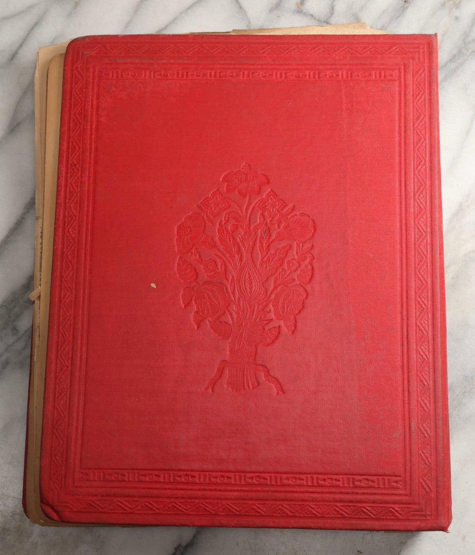 Lot 079 - Antique Red Scrapbook Album With Silver Painted Embossed Decorations, Hamburg, Stockholm, Paris, England, Stratford-On-Avon, Scotland, Liverpool Ephemera, Two Full Spreads Homemade Herbarium, Circa 1896