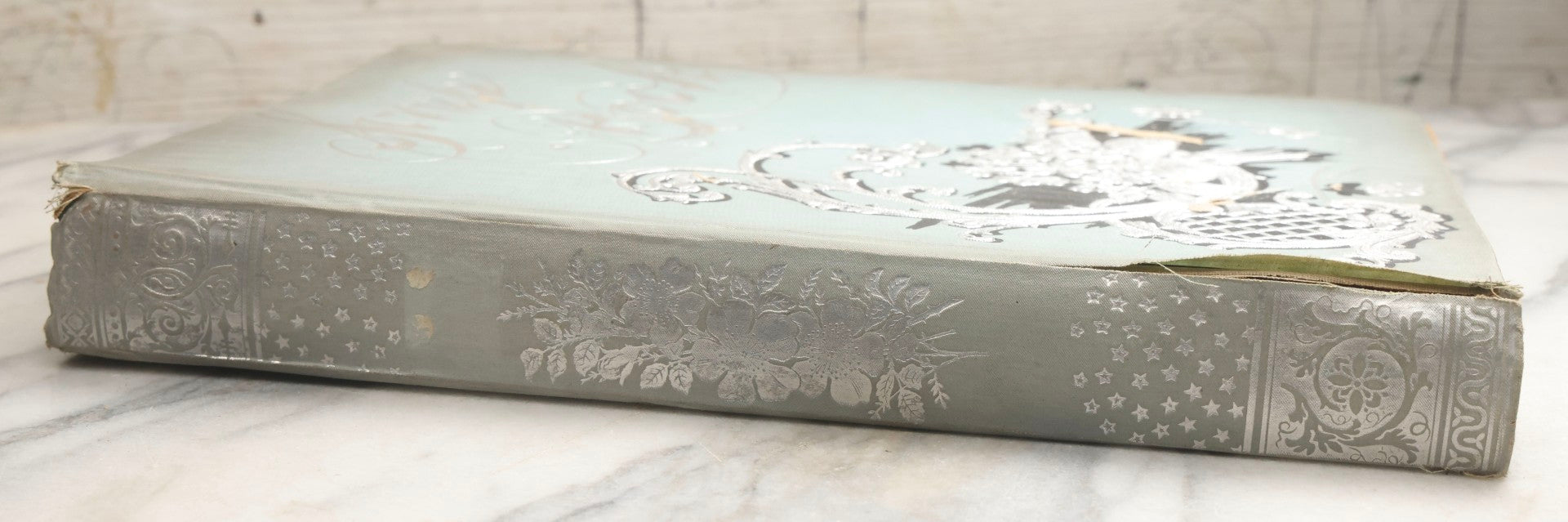 Lot 080 - Antique Light Blue Scrapbook Album With Silver Painted Embossed Decorations, California, San Francisco Chinatown, Oakland, Yosemite Ephemera, Homemade Herbarium With Location Captions Including Yellowstone Park And Utah, Circa 1897